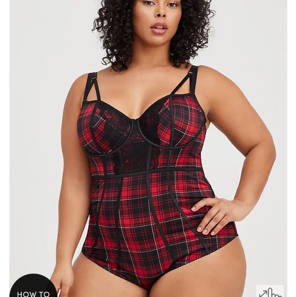 NWT TORRID Red Tartan Plaid Strappy Lace Bodysuit 4